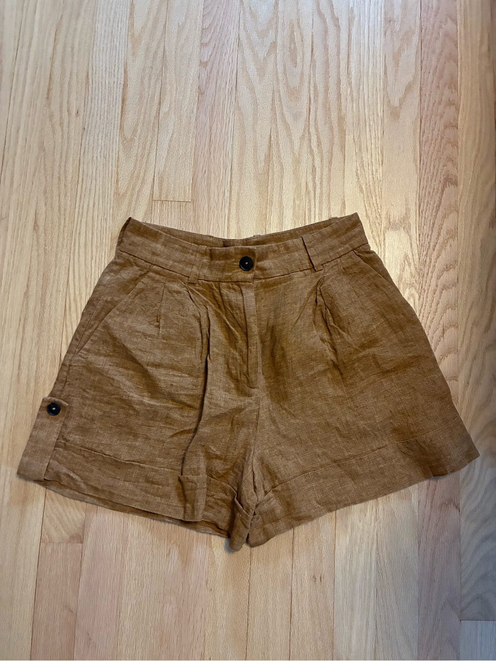 Massimo Dutti Brown High-Waist Button-Front Linen Shorts